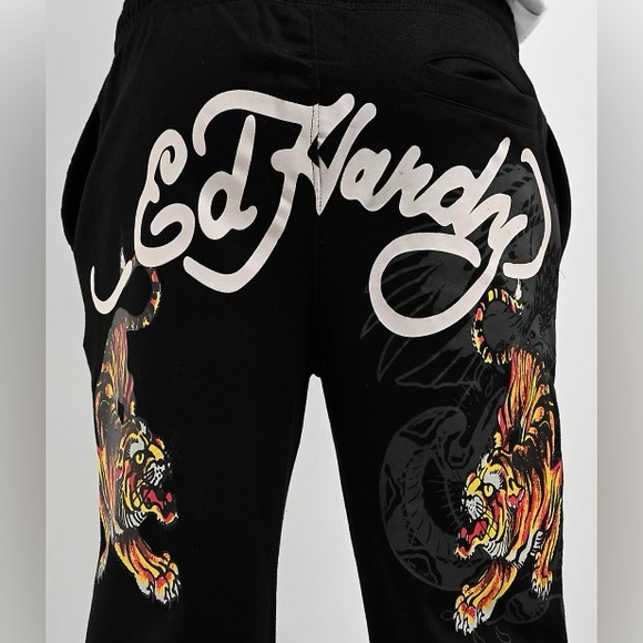 Ed Hardy Crawling Tiger Graphic Cotton Blend Jersey Drawstring Sweatpants Black - Picture 6 of 15
